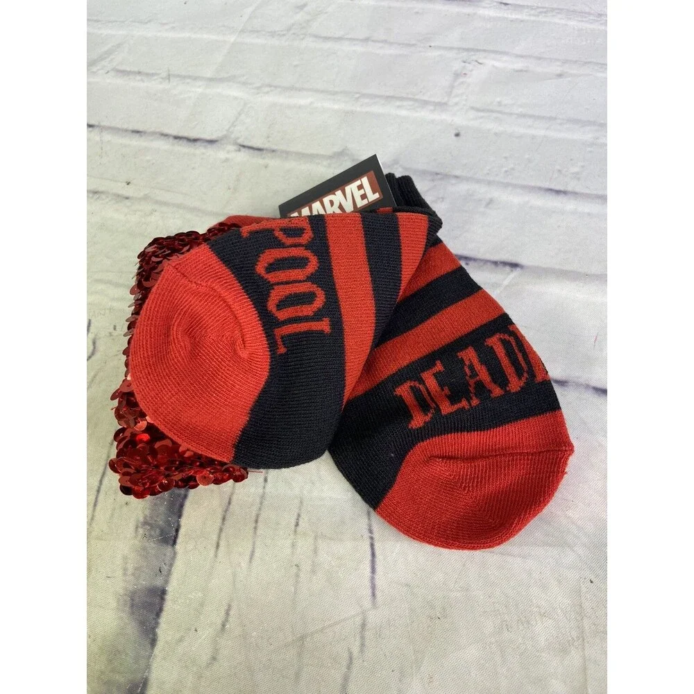 Marvel Deadpool Logo Sequin Cuffed Novelty Socks 1 Pair Womens Shoe Size 5-11